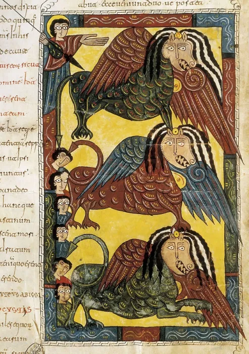 Framed Print : Beatus of Liebana. 10th c. Sheet 150. Death of the Beast and the enemies of God. Mozarabic art. Miniature Painting. SPAIN. San Lorenzo de El Escorial Framed Print : Beatus of Liebana. 10th c. Sheet 150. Death of the Beast and the enemies of God. Mozarabic art. Miniature Painting. SPAIN. San Lorenzo de El Escorial
