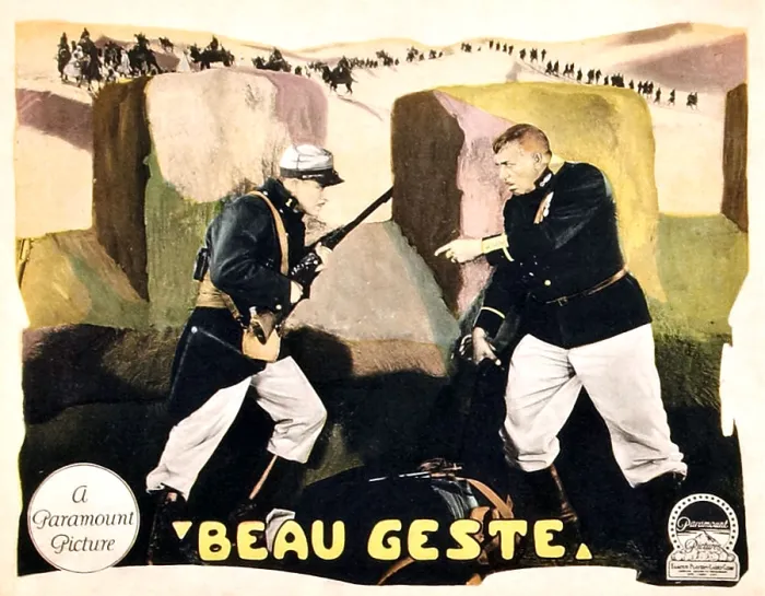Framed Print : BEAU GESTE, standing foreground, from left: Ronald Colman, Victor McLaglen on lobbycard, 1926