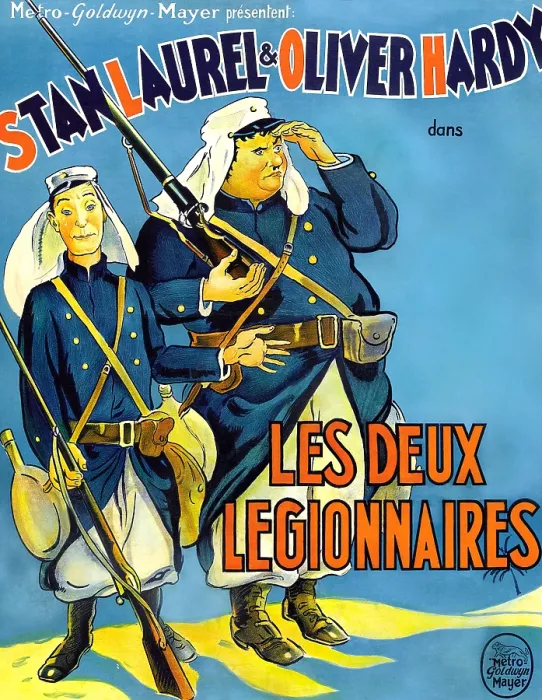 Framed Print : BEAU HUNKS, (aka LES DEUX LEGIONNAIRES), from left: Stan Laurel, Oliver Hardy on French poster art, 1931