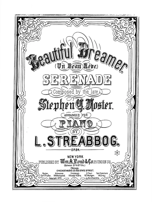 Framed Print : Beautiful Dreamer, song by Stephen Foster, arranged by L. Streabbog, sheet music, 1864