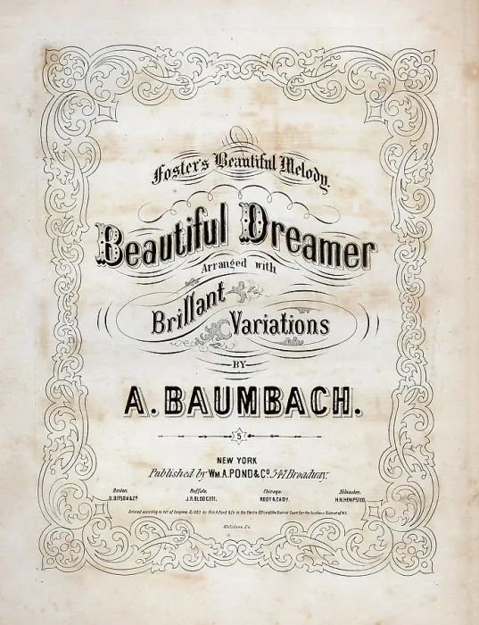 Framed Print : Beautiful Dreamer, by Stephen Foster, arranged by A. Baumbach, sheet music title page, 1864 Framed Print : Beautiful Dreamer, by Stephen Foster, arranged by A. Baumbach, sheet music title page, 1864