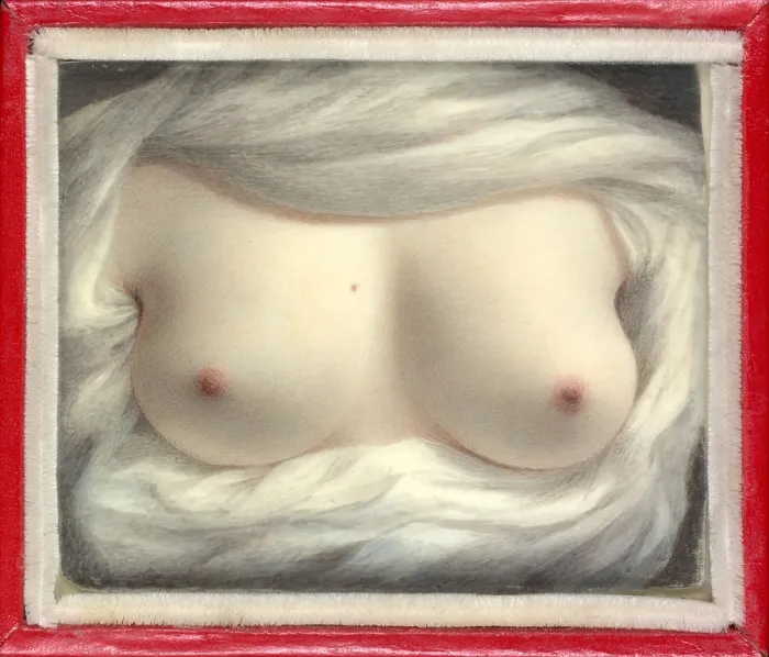 Framed Print : BEAUTY REVEALED, by Sarah Goodridge, 1828, American painting, watercolor on ivory. Miniature of the artists breast, painted for her friend, Senator Daniel Webster