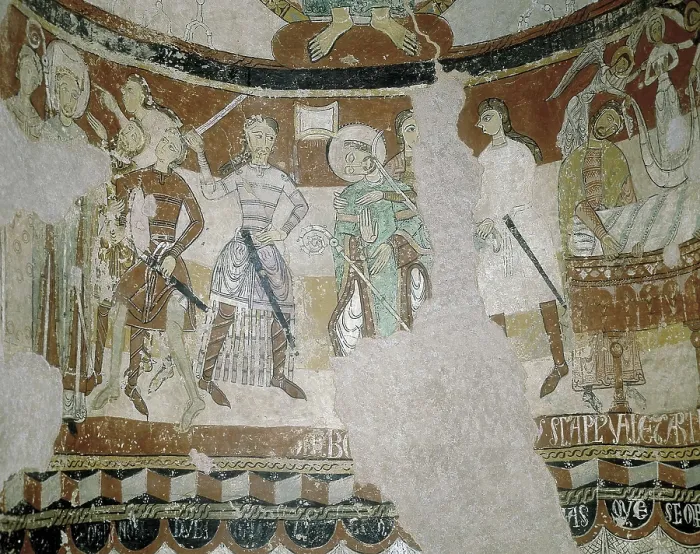 Framed Print : Becket, Saint Thomas. Scenes of the martyrdom and death of St. Thomas Becket that decorates the apse. Romanesque art. Fresco. SPAIN. CATALONIA. BARCELONA. Terrassa. Church of St