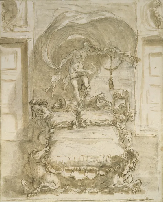 Framed Print : Bed with Seahorses and Fortune, by Sebastiano Ricci, 1712 - 1714, 18th Century, black chalk, ink, brown watercolor on white paper - Italy, Veneto, Venice, Academy Gallery Framed Print : Bed with Seahorses and Fortune, by Sebastiano Ricci, 1712 - 1714, 18th Century, black chalk, ink, brown watercolor on white paper - Italy, Veneto, Venice, Academy Gallery