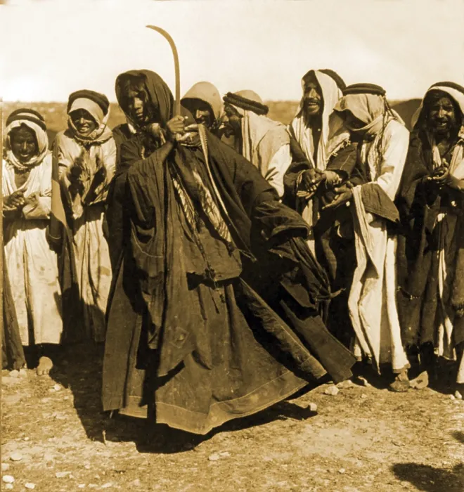 Framed Print : Bedouin maiden performing traditional sword dance. Palestine, 1919