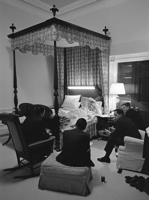 Framed Print : Bedroom meeting with President Lyndon Johnson. L-R: Sheldon Cohen, unidentified, Joe Barr, and Charles Schultze. April 27, 1966 Framed Print : Bedroom meeting with President Lyndon Johnson. L-R: Sheldon Cohen, unidentified, Joe Barr, and Charles Schultze. April 27, 1966