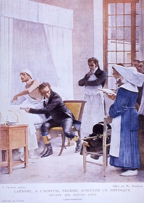 Framed Print : Bedside scene showing French physician, Rene Laennec (1781-1826), with his ear to the patient's chest cavity conducting an auditory examination at Paris's Necker Hospital Framed Print : Bedside scene showing French physician, Rene Laennec (1781-1826), with his ear to the patient's chest cavity conducting an auditory examination at Paris's Necker Hospital