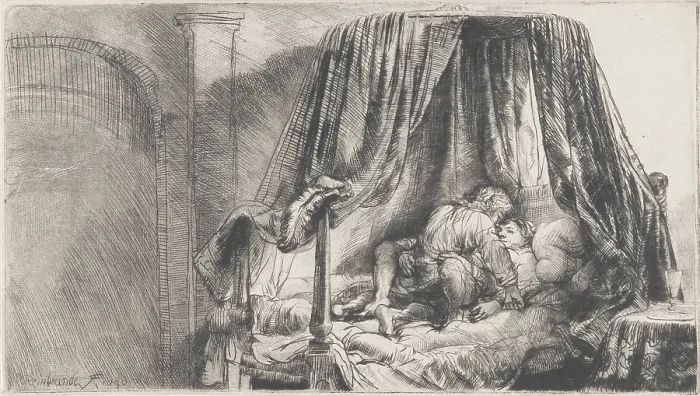 Framed Print : The Bedstead, by Rembrandt van Rijn, 1646, Dutch print, etching on paper. This is one of Rembrandt's few erotic works. It depicts a clothed man and women making love on a bed Framed Print : The Bedstead, by Rembrandt van Rijn, 1646, Dutch print, etching on paper. This is one of Rembrandt's few erotic works. It depicts a clothed man and women making love on a bed