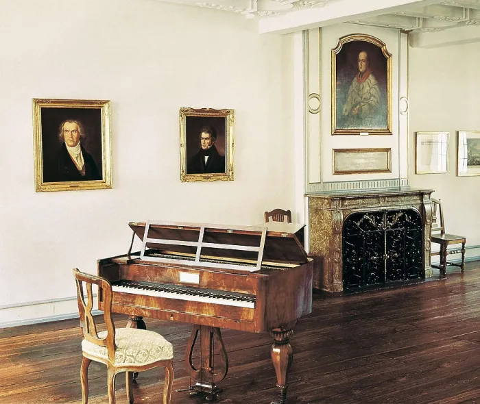 Framed Print : Beethoven, Ludwig, van. Beethoven's house inside with his piano. Furniture. GERMANY. NORTH RHINE-WESTPHALIA. Bonn. Beethoven's birth house