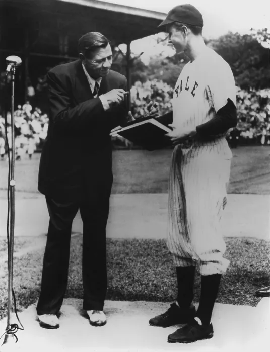 Framed Print : On behalf of Yale University Yale Baseball Captain George Bush accepts the manuscript of THE BABE RUTH STORY his autobiography from Babe Ruth. 1948 (BSLOC_2011_3_90) Framed Print : On behalf of Yale University Yale Baseball Captain George Bush accepts the manuscript of THE BABE RUTH STORY his autobiography from Babe Ruth. 1948 (BSLOC_2011_3_90)
