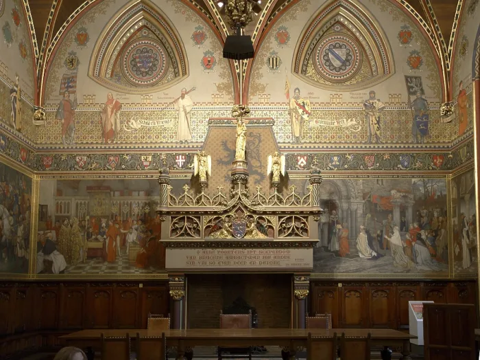Framed Print : BELGIUM. Bruges. Inside of the Gothic Hall (Gotische Zaal) of the City Hall (Stadhuis). 1376-1421. West wall. Flamboyant gothic. Architecture