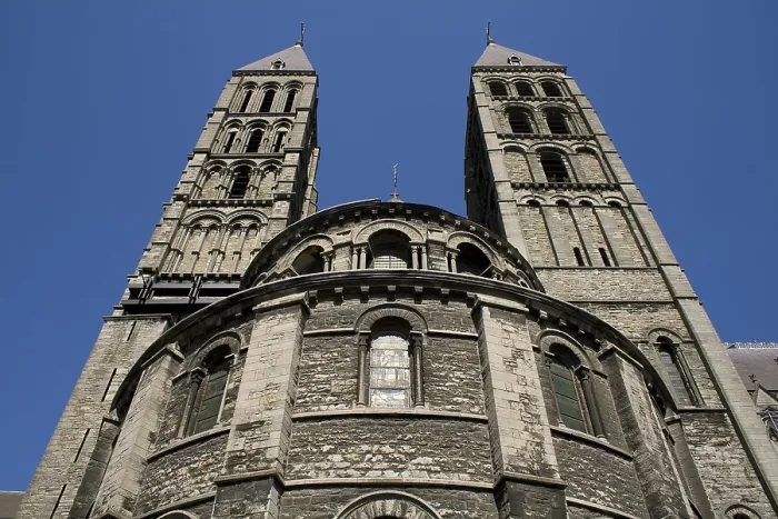 Framed Print : BELGIUM. Tournai. Cathedral of Notre-Dame. View of the apse and the south transept's towers (12th c.), a combination of Romanesque and Gothic styles. Architecture