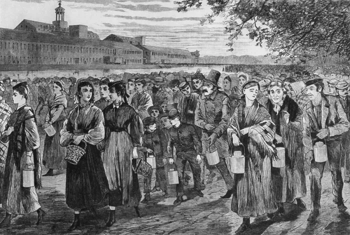 Framed Print : Bell-Time, wood engraving after Winslow Homer drawing of 1868 shows workers leaving the Lawrence, Massachusetts, factory at the end of their 13 hour day