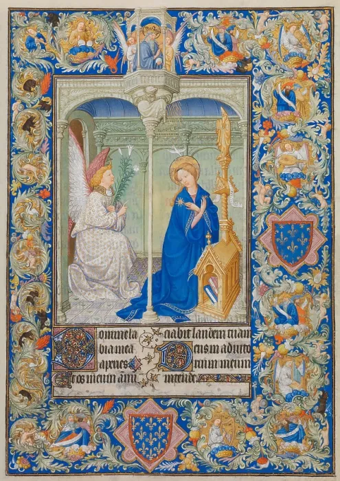 Framed Print : BELLES HEURES OF JEAN DE BERRY, by Limbourg Brothers, 1405-09, French painting, Northern Renaissance. An Annunciation page from an illuminated manuscript