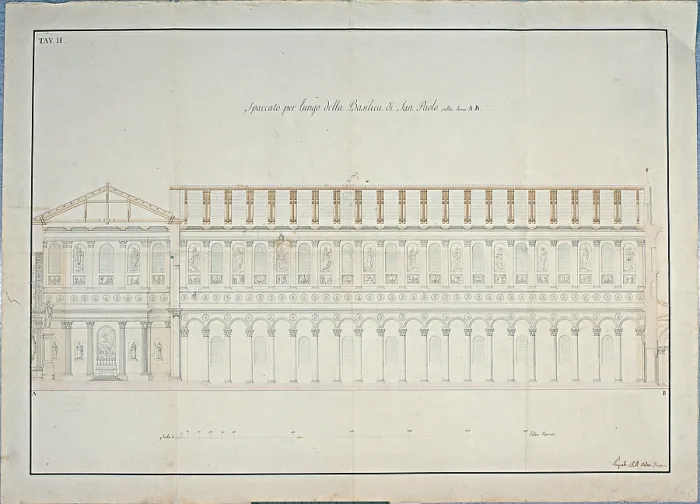 Framed Print : Belli Pasquale, 'Longitudinal section / cutaway view of the Basilica of San Paolo (Papal Basilica of St Paul Outside the Walls) Framed Print : Belli Pasquale, 'Longitudinal section / cutaway view of the Basilica of San Paolo (Papal Basilica of St Paul Outside the Walls)