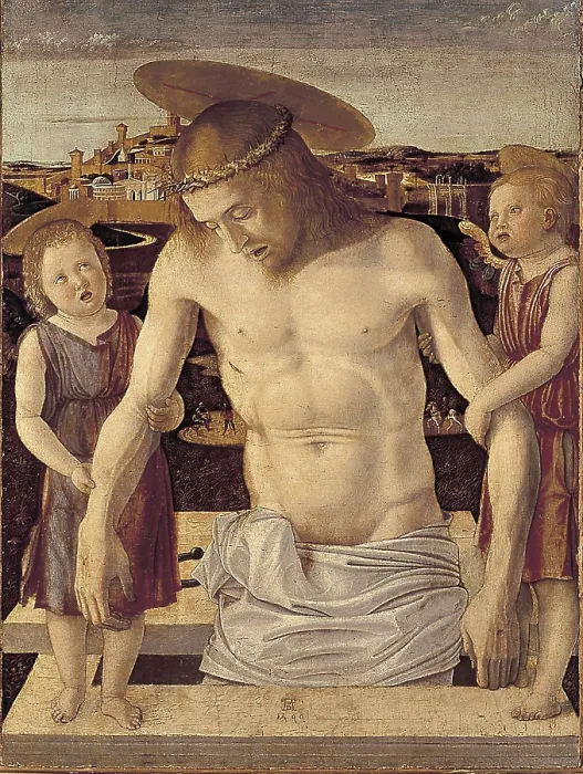 Framed Print : BELLINI, Giovanni (1430-1516). Dead Christ Supported by Two Angels (Piet). ca. 1460. Renaissance art. Quattrocento. Venetian school. Tempera on wood. ITALY. Venice