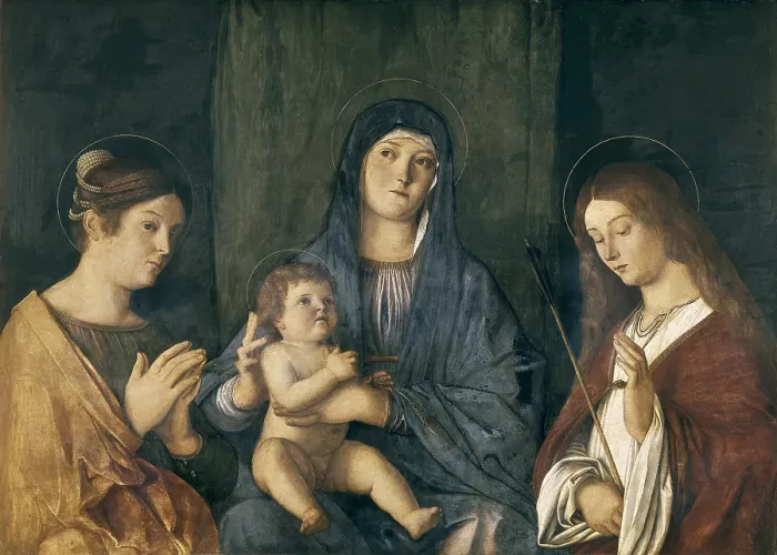 Framed Print : BELLINI, Giovanni (1430-1516). Virgin and Child with St. ca. 1490. The Saint on the left side has been identified as Magdalene and as Saint Catherine