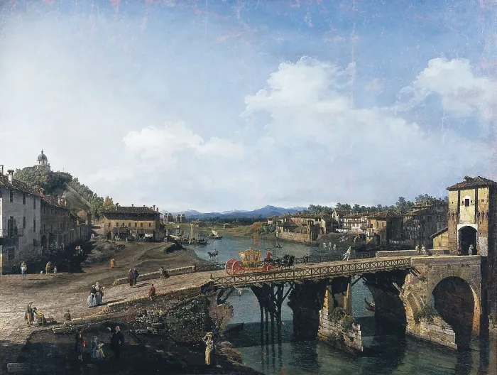Framed Print : BELLOTTO, Bernardo (1720-1780). View of an Old Bridge Over the River Po, Turin. ca. 1745. Rococo. Oil on canvas. ITALY. Turin. Galleria Sabauda (Sabauda Gallery)