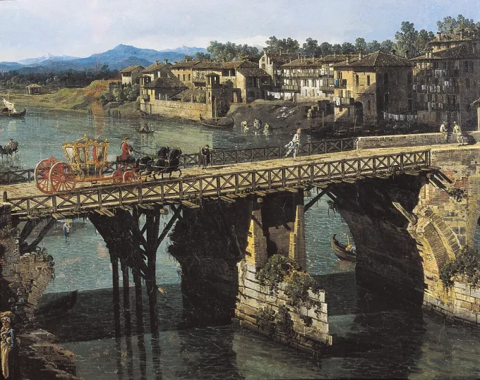 Framed Print : BELLOTTO, Bernardo (1720-1780). View of an Old Bridge Over the River Po, Turin. ca. 1745. Central detail. Rococo. Oil on canvas. ITALY. Turin. Galleria Sabauda (Sabauda Gallery) Framed Print : BELLOTTO, Bernardo (1720-1780). View of an Old Bridge Over the River Po, Turin. ca. 1745. Central detail. Rococo. Oil on canvas. ITALY. Turin. Galleria Sabauda (Sabauda Gallery)