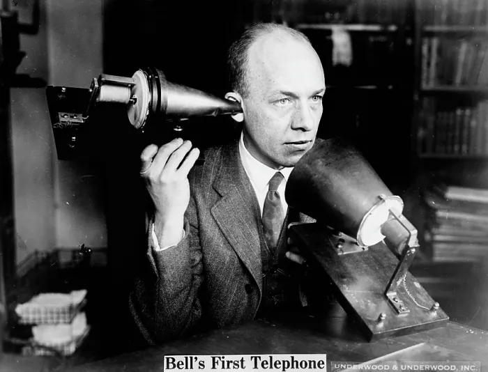 Framed Print : Bell's first telephone. Publicity photo ca. 1915-1925
