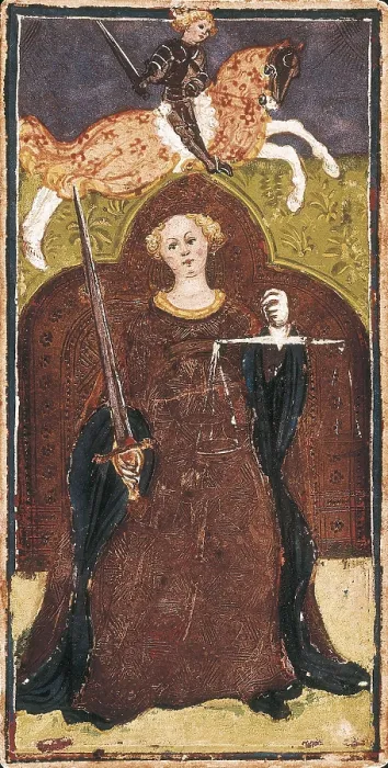 Framed Print : BEMBO, Bonifacio (1420-1482). The Visconti Tarot. mid. 15th c. Card of the Justice. Painting. ITALY. Bergamo. Galleria dell'Accademia Carrara (Carrara Academy Gallery) Framed Print : BEMBO, Bonifacio (1420-1482). The Visconti Tarot. mid. 15th c. Card of the Justice. Painting. ITALY. Bergamo. Galleria dell'Accademia Carrara (Carrara Academy Gallery)