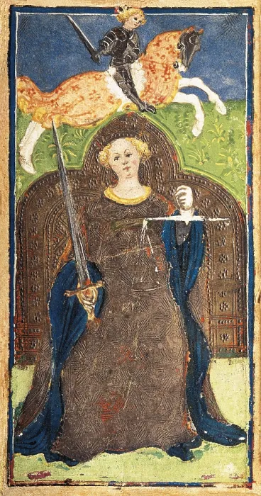 Framed Print : BEMBO, Bonifacio (1420-1482). The Visconti Tarot. mid. 15th c. Card of the Justice. Painting. ITALY. Bergamo. Galleria dell'Accademia Carrara (Carrara Academy Gallery)