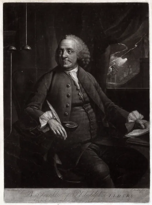 Framed Print : Ben Franklin, seated at desk, next to an electrical device, visible through a window to his left is lightning striking a building. mezzotint ca. 1763-1785