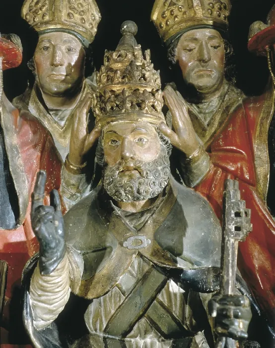 Framed Print : BENEDICT XIII. Antipope, born Pedro de Luna. Polychrome wood sculpture, Spanish-Flemish style. Detail. Antipope Pedro de Luna. 16th c. Sculpture on wood. SPAIN. Barcelona