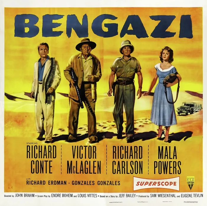Framed Print : BENGAZI, US poster, from left: Richard Conte, Victor McLaglen, Richard Carlson, Mala Powers, 1955