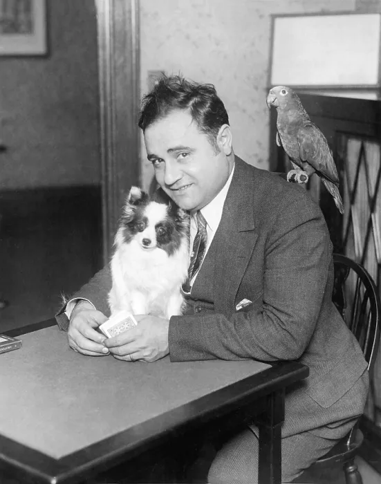 Framed Print : Beniamino Gigli with his dog Aida and parrot, around 1927 Framed Print : Beniamino Gigli with his dog Aida and parrot, around 1927