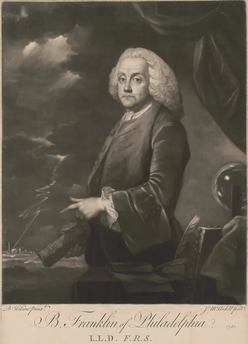 Framed Print : Benjamin Franklin, 1761, in mezzotint engraving by James McArdell, after a painting by British artist, Benjamin Wilson. Franklin, holds a book entitled Electric Expts Framed Print : Benjamin Franklin, 1761, in mezzotint engraving by James McArdell, after a painting by British artist, Benjamin Wilson. Franklin, holds a book entitled Electric Expts
