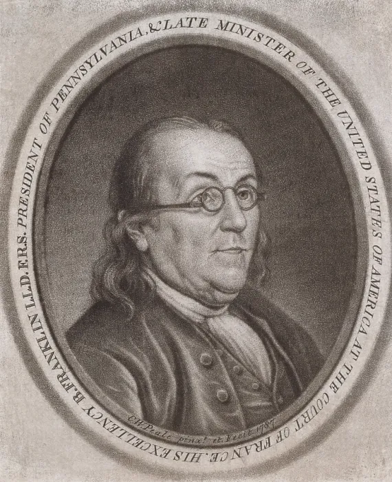 Framed Print : Benjamin Franklin, by Charles Willson Peale, American mezzotint engraving, 1787. The inscription reads, His Excellency B. Franklin, L.L.D. F.R.S
