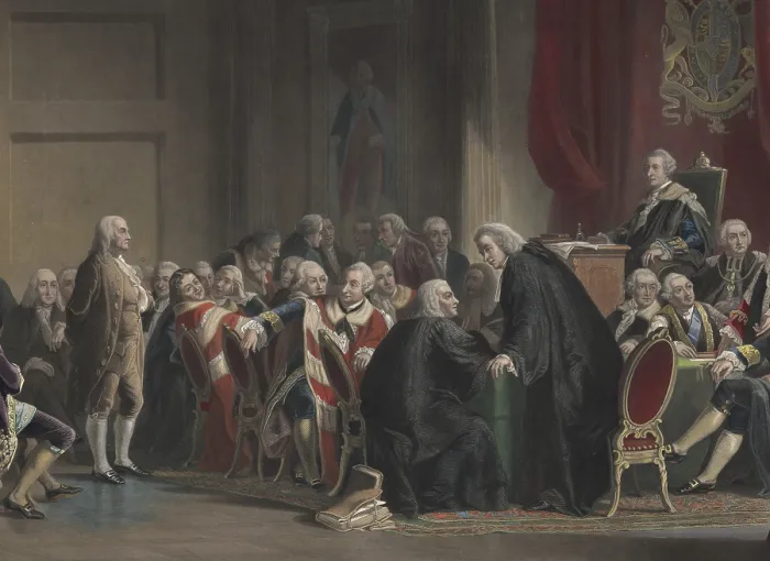 Framed Print : Benjamin Franklin endures one hour of criticism, derision, and laughter from the Privy Council Committee for Plantation Affairs, in London, Jan. 29, 1774