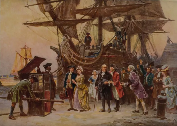 Framed Print : Benjamin Franklin and his family are greeted by Judge Thomas McKean's on their return to Philadelphia in 1785 after nine years abroad as ambassador to France Framed Print : Benjamin Franklin and his family are greeted by Judge Thomas McKean's on their return to Philadelphia in 1785 after nine years abroad as ambassador to France