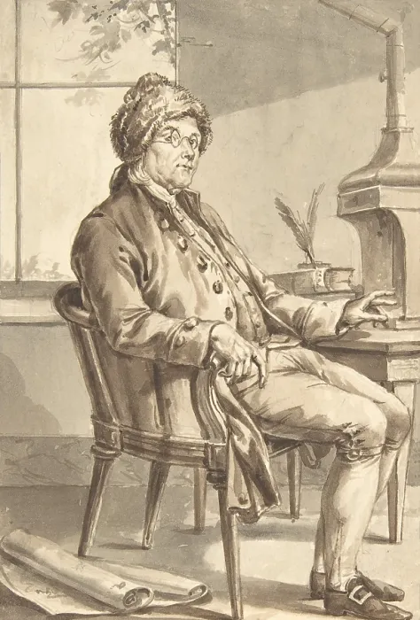 Framed Print : Benjamin Franklin, by Jean-Baptiste-Franois Bosio, c. 1775-1785, French drawing. As the American ambassador to France, wore an American costume