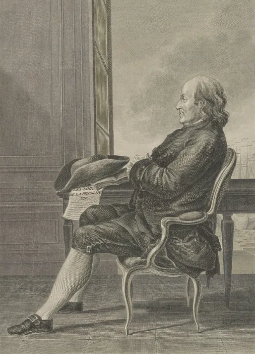 Framed Print : Benjamin Franklin, in a full length, seated, profile portrait, c Framed Print : Benjamin Franklin, in a full length, seated, profile portrait, c