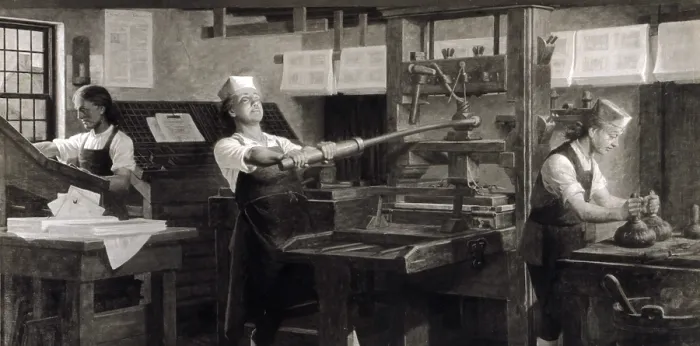 Framed Print : Benjamin Franklin the printer. Illustration of Ben Franklin as a young man operating his printing press in Philadelphia. 1914 illustration of scene ca 1720s Framed Print : Benjamin Franklin the printer. Illustration of Ben Franklin as a young man operating his printing press in Philadelphia. 1914 illustration of scene ca 1720s