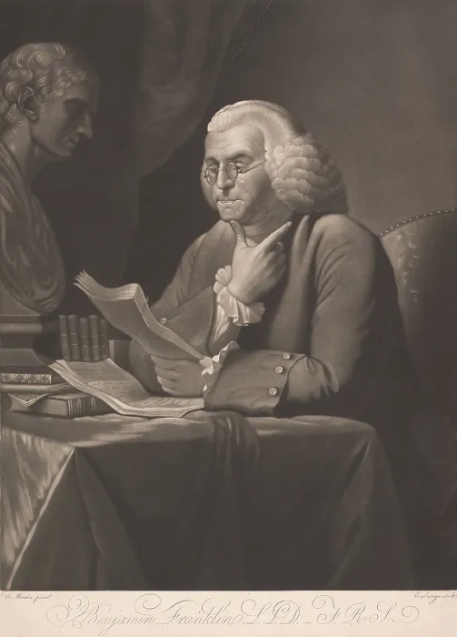 Framed Print : Benjamin Franklin, reading a manuscript. The 1793 mezzotint engraving by Edward Savage was made after a painting by British artist David Martin, which was published in 1793