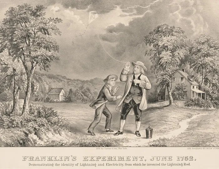 Framed Print : The Benjamin Franklin and his son William Franklin experiment with lightning and electricity in 1852. The kite had a conductive wire attached to its top