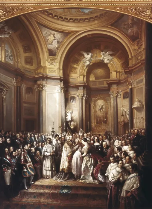 Framed Print : BENJUMEA, Rafael (19th c.). Bapstism of H.R.M the Infanta Isabel Princess of Asturias. Held in Madrid in 1831. Oil on canvas. SPAIN. Aranjuez. Royal Palace of Aranjuez. - J