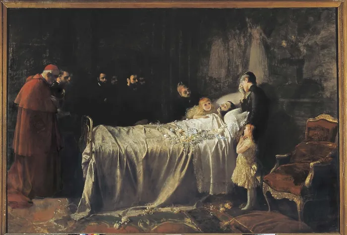 Framed Print : BENLLIURE GIL, Joan Antoni (1859-1930). The Death of Don Alfonso XII. ca. 1885. He died at the age of 27 of tuberculosis. Oil on canvas. SPAIN. Barcelona Framed Print : BENLLIURE GIL, Joan Antoni (1859-1930). The Death of Don Alfonso XII. ca. 1885. He died at the age of 27 of tuberculosis. Oil on canvas. SPAIN. Barcelona