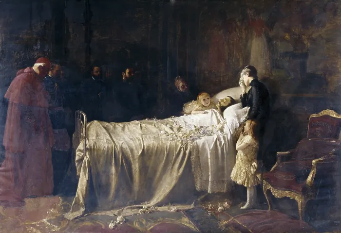 Framed Print : BENLLIURE GIL, Joan Antoni (1859-1930). The Death of Don Alfonso XII. ca. 1885. He died at the age of 27 of tuberculosis. Oil on canvas. SPAIN. Barcelona