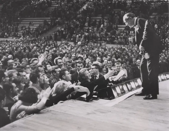 Framed Print : Benny Goodman talks with Soviet fans from the stage of the Moscow Sports Palace