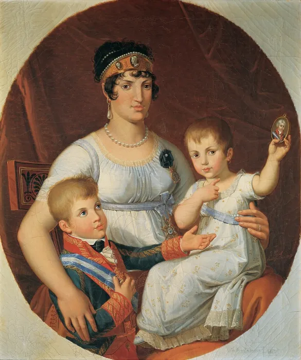 Framed Print : Benvenuti Pietro, The Queen of Etruria and Her Son Carlo Lodovico and daughter Luisa Carlotta Holding a Portrait of Her Father Lodovico I, 1807, 19th Century, Unknow, Italy