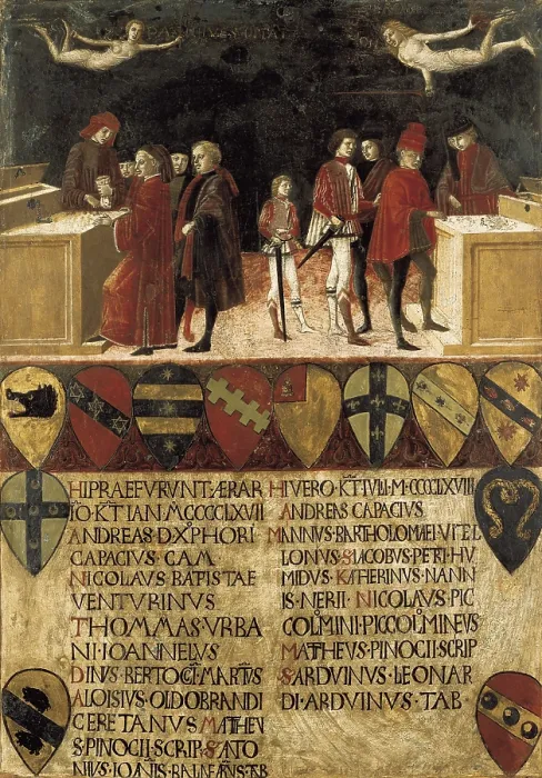 Framed Print : BENVENUTO DI GIOVANNI (1436-1518). The Council Finances in Times of War and of Peace. 1468. Renaissance art. Oil on wood. ITALY. Siena. Archivio di Stato (Provincial Archives) Framed Print : BENVENUTO DI GIOVANNI (1436-1518). The Council Finances in Times of War and of Peace. 1468. Renaissance art. Oil on wood. ITALY. Siena. Archivio di Stato (Provincial Archives)