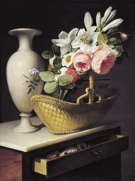 Framed Print : BERJON, Antoine (1754-1843). Bouquet of Lilies and Roses in a basket. 1814. Still life. Oil on canvas. FRANCE. Paris. Louvre Museum. AISA / Everett Collection**US SALES ONLY**