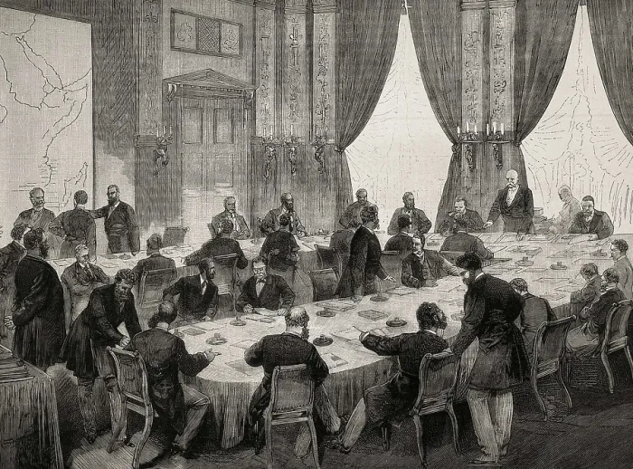 Framed Print : Berlin Conference, held between the 15th January 1884 and the 26th February 1885. Standing, the German chancellor Otto von Bismarck. Etching Framed Print : Berlin Conference, held between the 15th January 1884 and the 26th February 1885. Standing, the German chancellor Otto von Bismarck. Etching