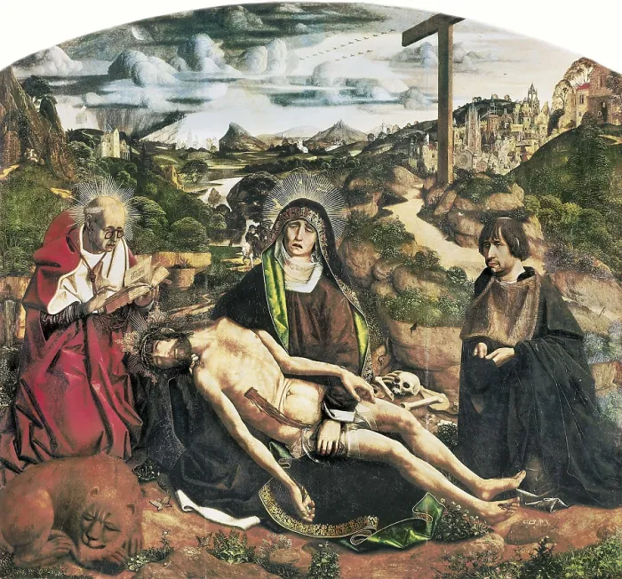 Framed Print : BERMEJO, Bartolom (1420-1498). Piet. 1490. Pieta of Canon Luis Despl. Gothic art. Oil on wood. SPAIN. Barcelona. Cathedral's Museum. AISA / Everett Collection**US SALES ONLY**