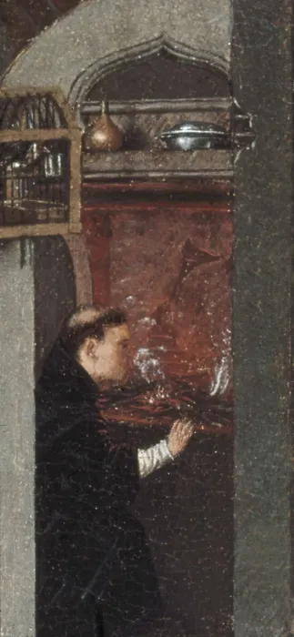 Framed Print : BERMEJO, Bartolom (1420-1498). A Saint Bishop. 1475-1485. Upper left detail. Monk lighting a fire. Gothic art. Oil on wood. UNITED STATES OF AMERICA. Chicago