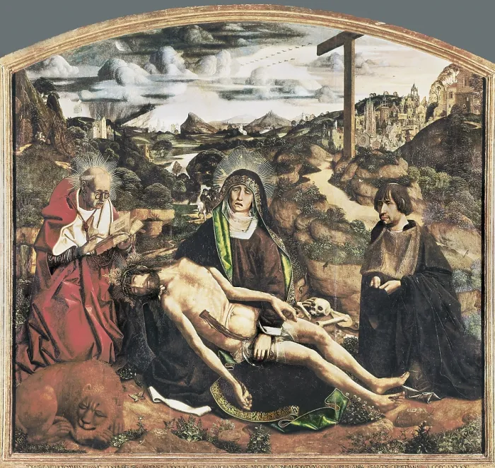 Framed Print : BERMEJO, Bartolome (1420-1498). Piet DesplA. 1490. Pieta of Canon Luis Despl. Gothic art. Oil on wood. SPAIN. Barcelona. Cathedral's Museum. - P
